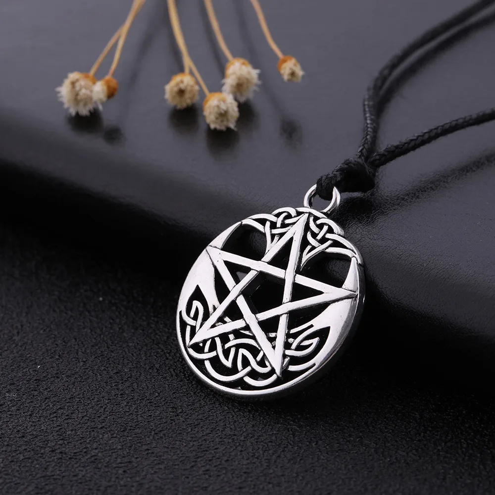 LIKGREAT Vintage Pentagram Round Pendant Necklace Celtics Knot Wicca Jewerly Hollow Pentacle Accessories Amulet Necklace