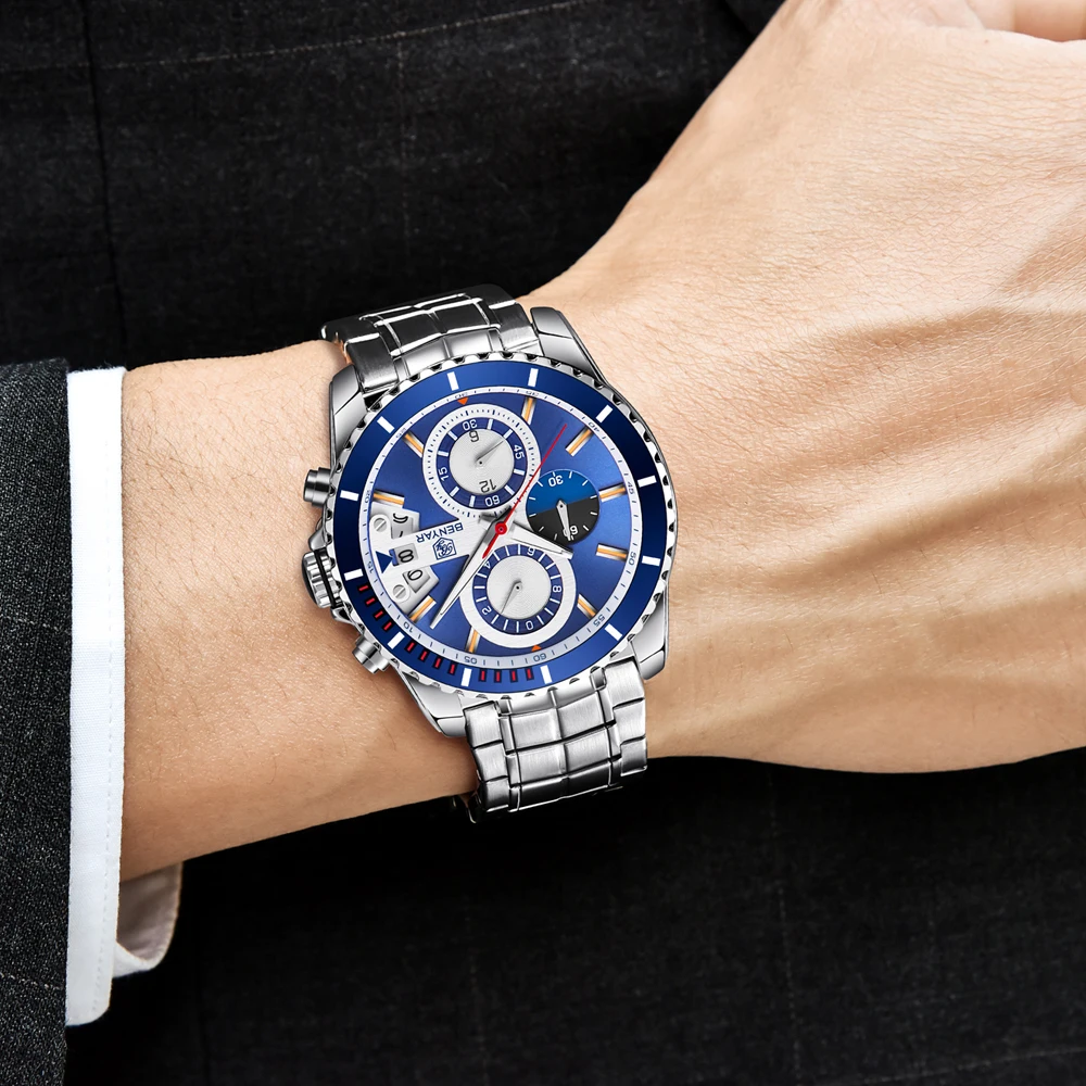 

BENYAR Business Watch Men Dress Full Steel Waterproof Watches Chronograph Quartz Wristwatches Male Clock relogio masculino Saati