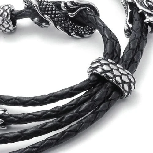 Новинка,, Модный классический мужской браслет из нержавеющей стали с одним драконом, кожаный ремешок, тяжелый браслет