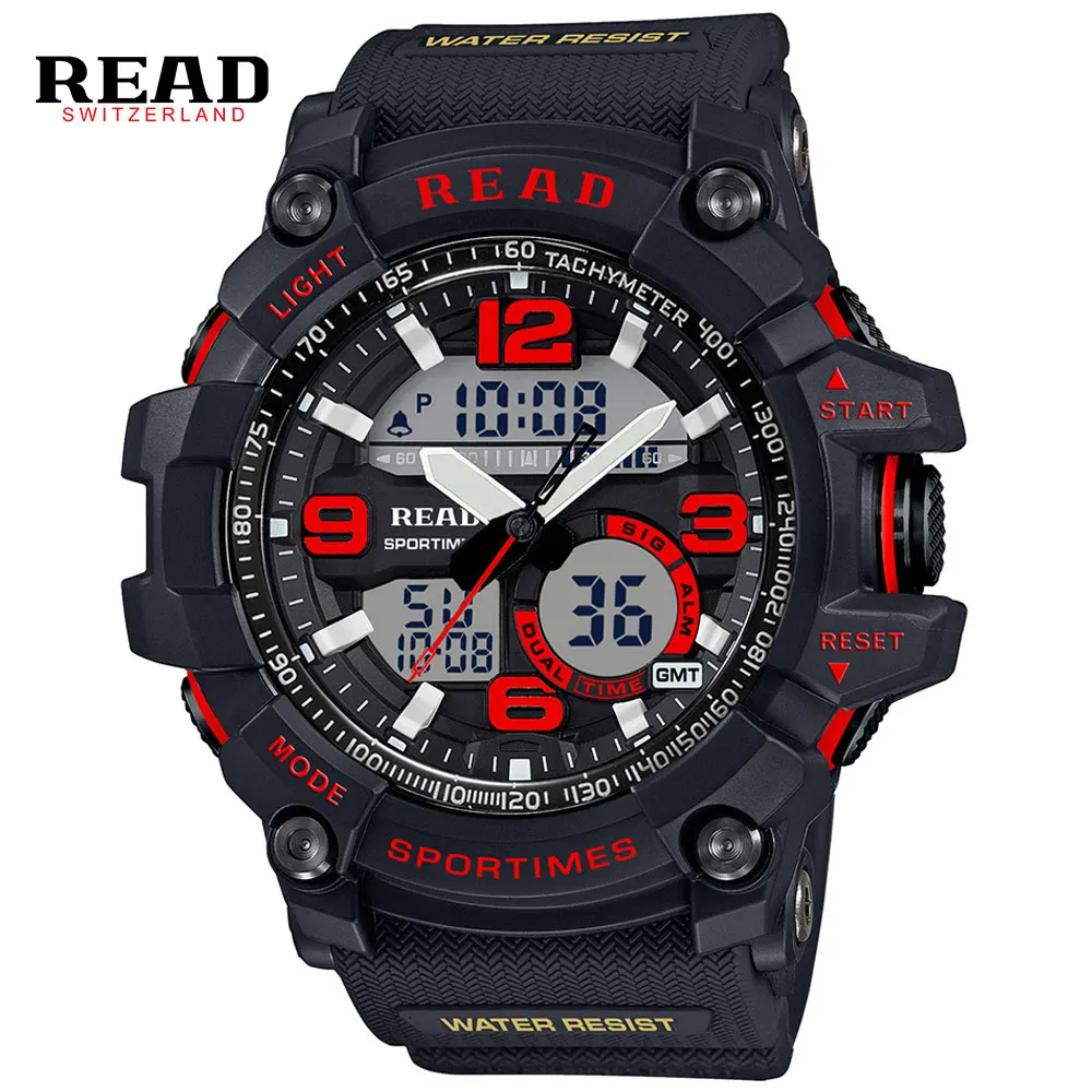 Relogio Masculino READ Men Sports Watches Waterproof Fashion Quartz-Watch Digital Dual Time Zones Military Sports Men's Watches