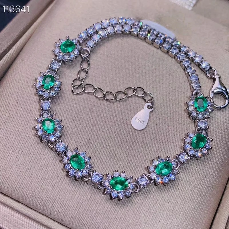 

S925 silver natural green emerald gem bracelet natural gemstone bracelet Elegant Diana round women party gift fine jewelry