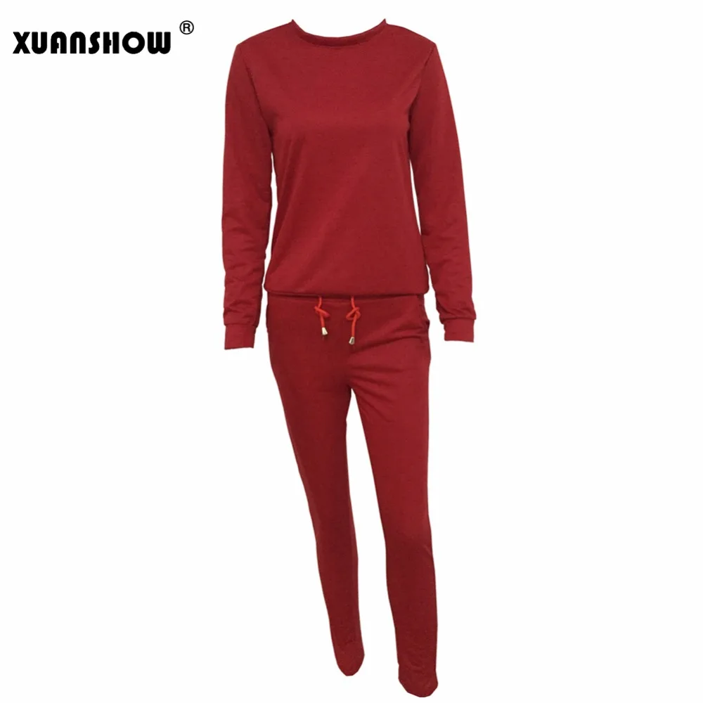 XUANSHOW осенние женские однотонные спортивные костюмы, толстовки, свитшоты, длинные штаны, комплекты спортивной одежды, повседневный костюм