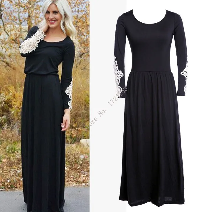 Fashion Summer Ladies Casual Round Neck Long-Sleeved Dresses Women Black Long Dress | Женская одежда
