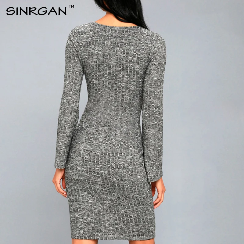 SINRGAN зимнее трикотажное платье bodycon сексуальные женщины V шеи тонкий elegent vestidos