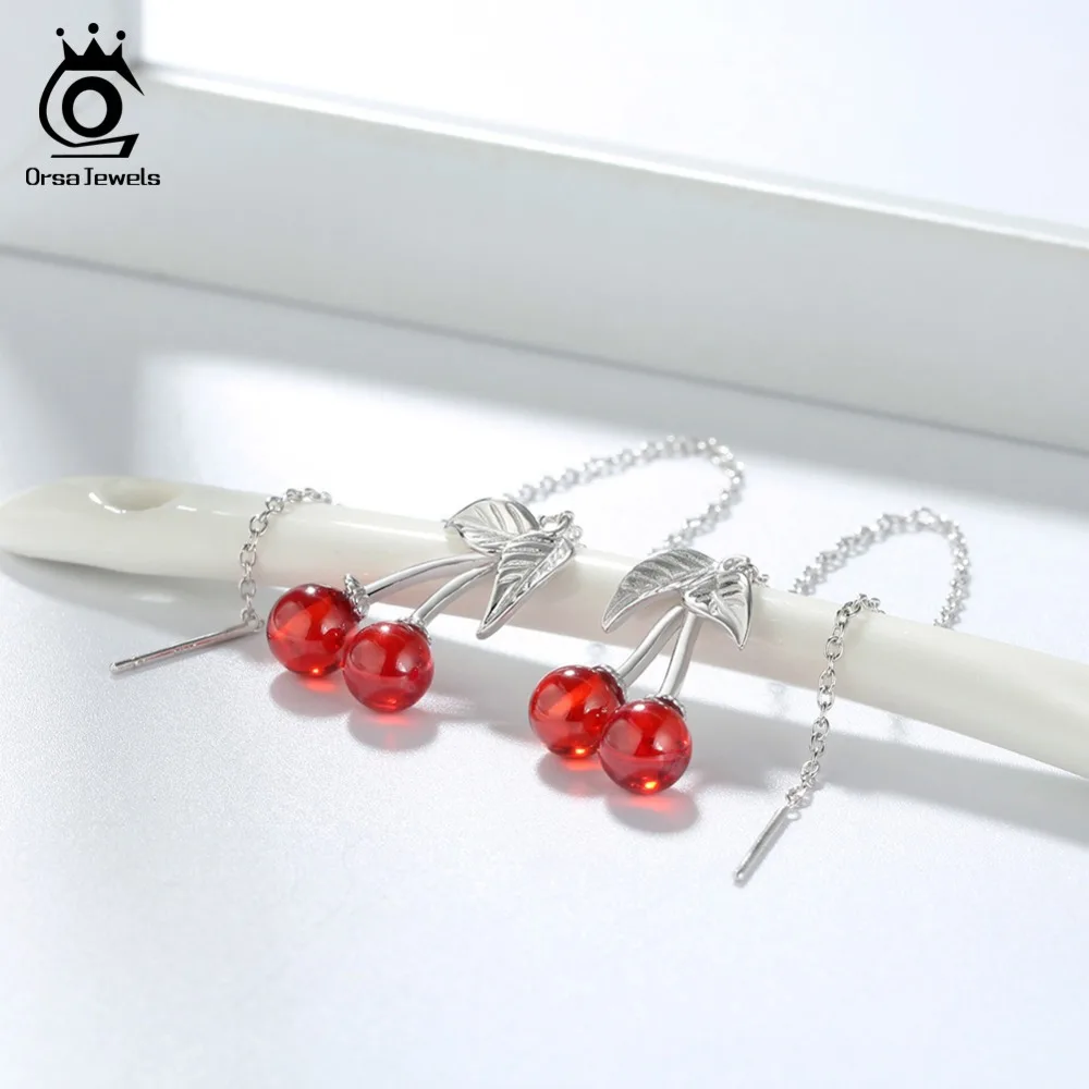 ORSA JEWELS Настоящее 925 пробы серебряные женские висячие серьги длинная цепочка Вишневый узор гранат женские вечерние романтические ювелирные изделия SE100