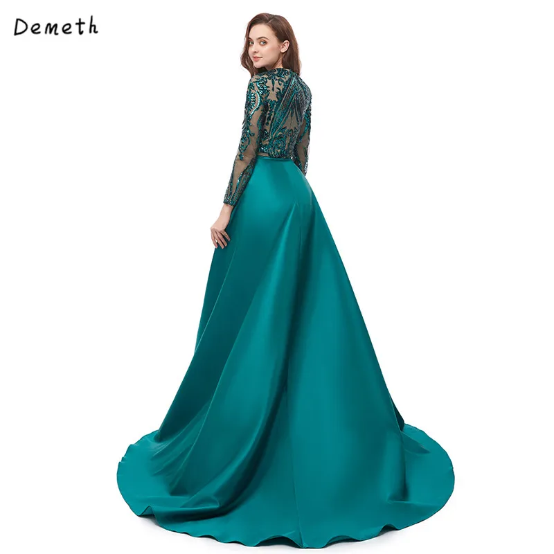Зеленое вечернее платье с длинными рукавами со съемной юбкой большие размеры