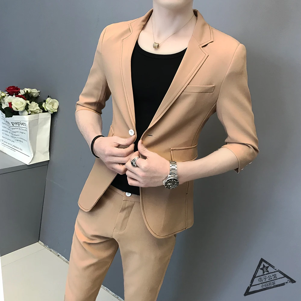 

Single Breasted Suit Summer Costume Mariage Homme Black Kahki Orange Slim Fit Suit Set Smoking Uomo Trajes De Hombre Jacket+Pant