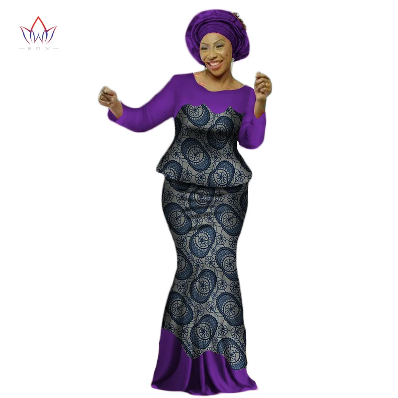 Africa Style Bazin Riche Dresses for Women Two Pieces Set Women Long Sleeve Tops and Long African Print Skirt Plus Size WY2454