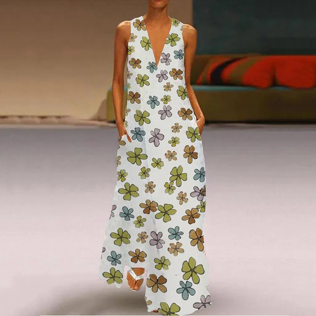 Женское длинное платье с цветочным принтом повседневное пляжное без рукавов v