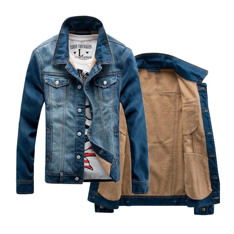 

Men Jacket 2018 Spring Plus Velvet Thicken Denim Jacket Men Coat Slim Fit Casual Outerwear Solid Turn-down Collar Jacket WY022