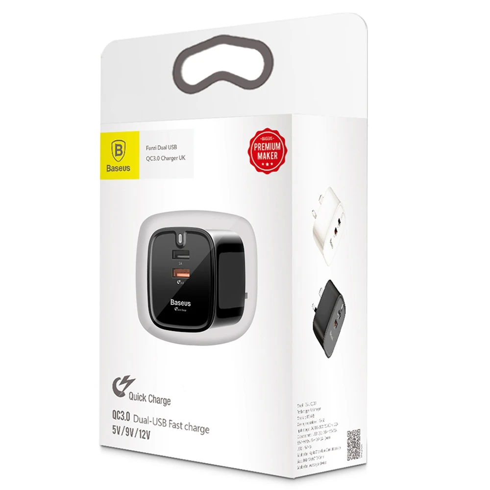 BASEUS фунзи QC 3.0 Dual USB Smart Travel Зарядное устройство Великобритания Plug Светодиодный