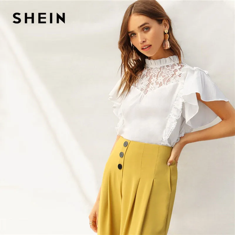 SHEIN Топ С Оборкой И Кружевом Летняя Блузка С Кружевной Вставкой И Коротким Рукавом