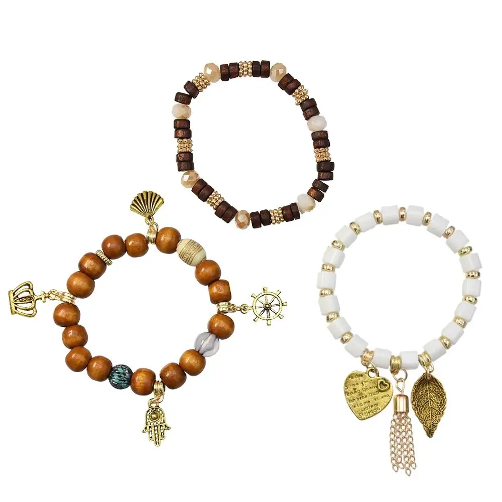 3 шт./компл. новые браслеты из камня и дерева с подвеской в виде сердца листьев