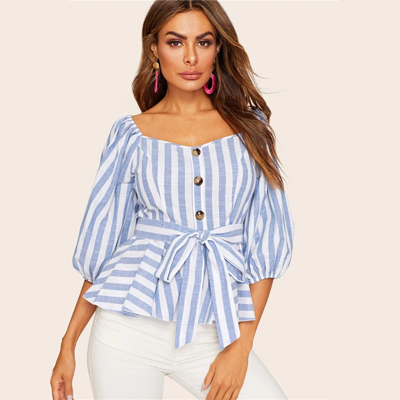 SHEIN Полосатая Блузка С Поясом И Оригинальным Рукавом Женская Летняя Элегантная Блузка С Оборками И Пуговицами