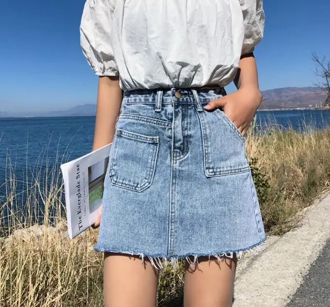 Небесно-голубой Blue Pockets Casual Mini Denim Skirt Spring Summer New Bodycon Women Skirt Basic Women Jeans Skirt High Waist Saias - Цвет: Небесно-голубой