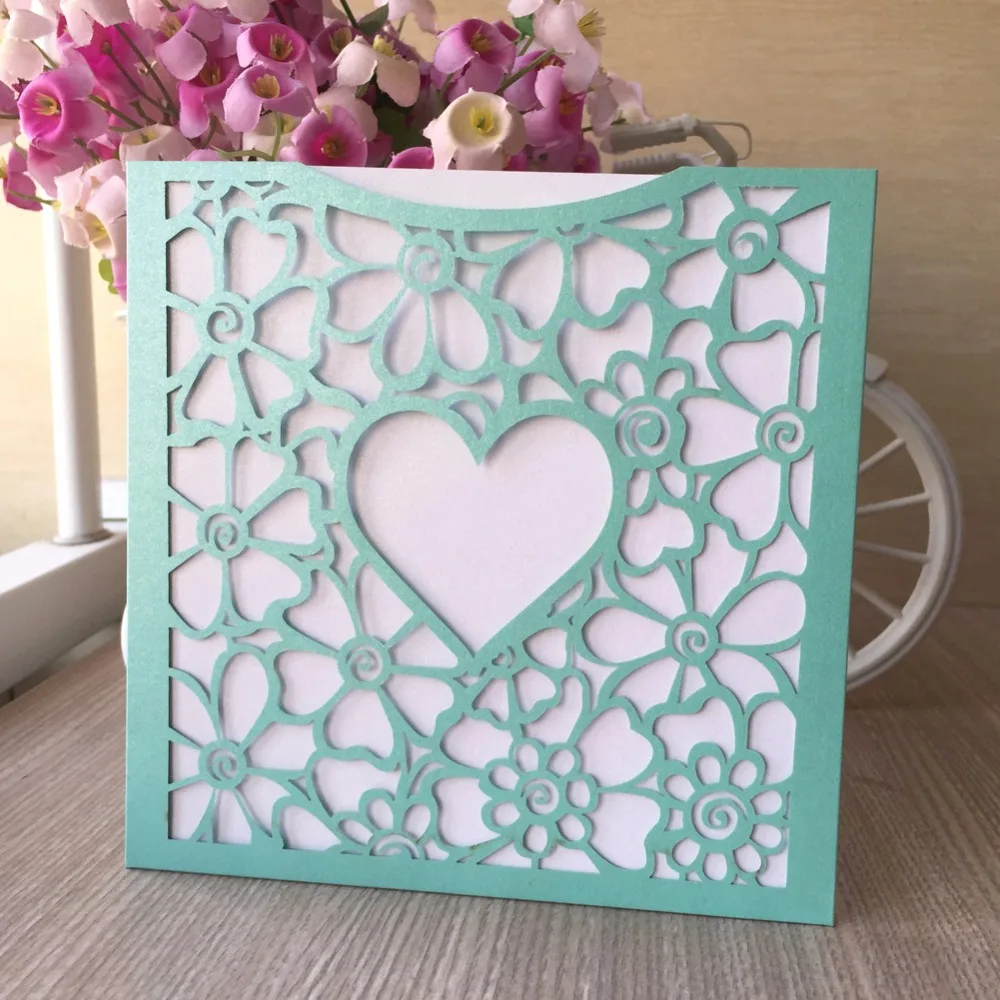 50pcs Heart Pattern card Tiffany blue color Happy Wedding Party Birthday decoration Invitation Best wishes Blessing Paper | Дом и сад