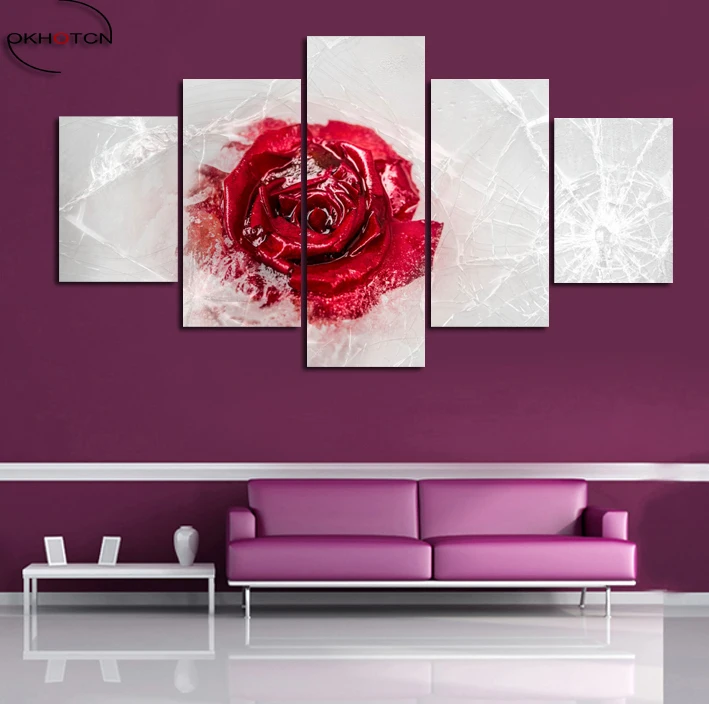 Настенная модульная картина замороженная красная роза 5 панелей|art canvas|red rose