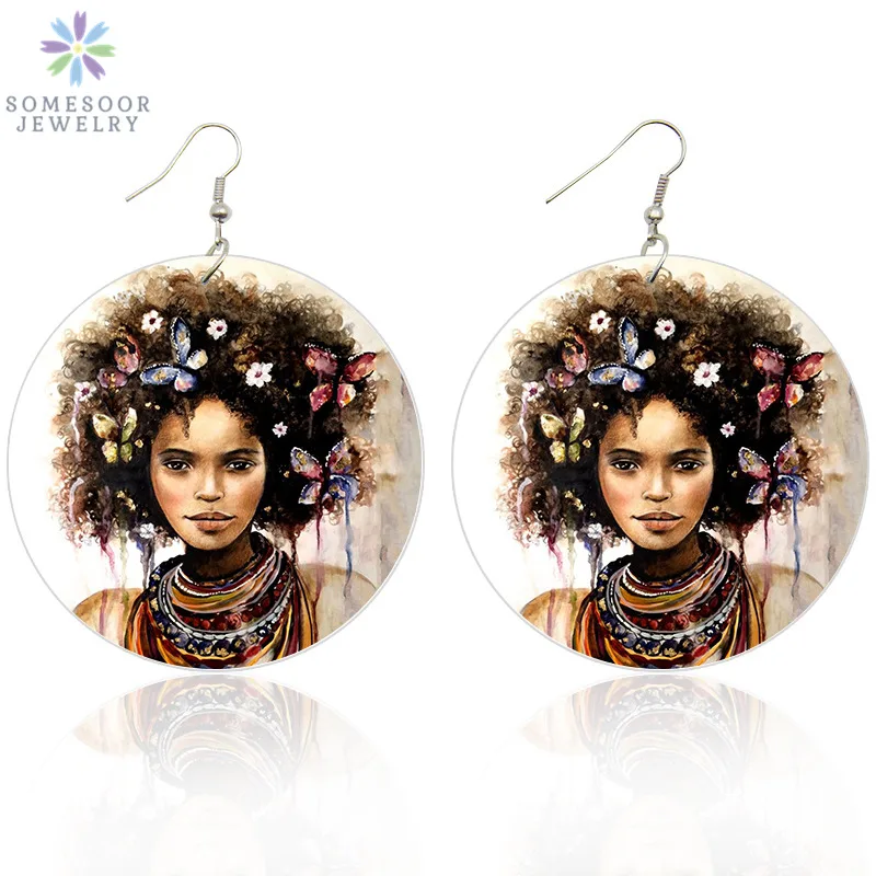 SOMESOOR Butterflies Afro Wooden Drop Earrings African Curly Natural Hair Photos Both Sides Painting Dangle Jewelry Gifts  - buy with discount