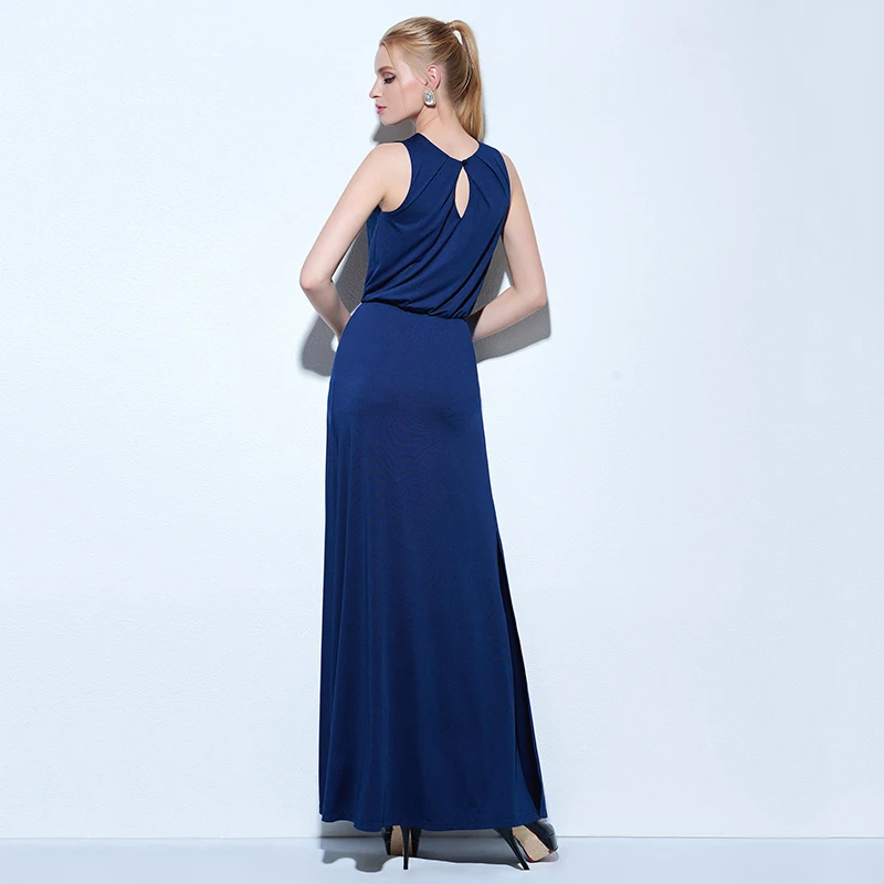 Длинное вечернее платье Tanpell недорогое темно синее в пол без рукавов|evening dress|long