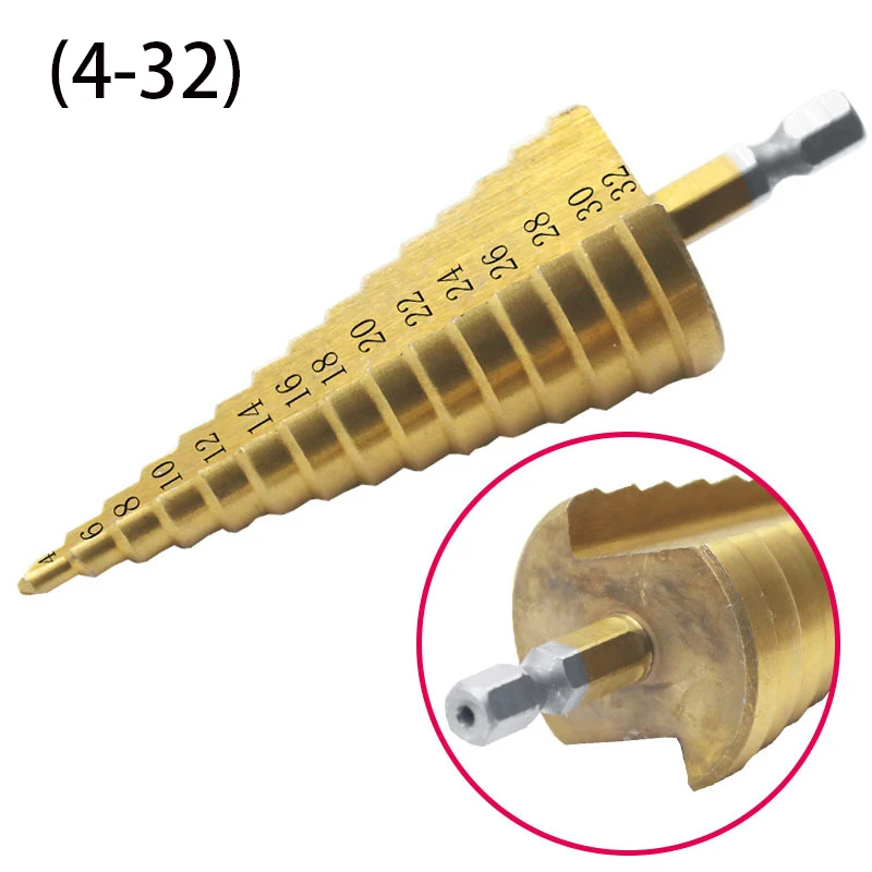 4-12mm/4-20mm/4-32mm Step Drills Cone HSS 4241 Steel Large Titanium Coated Metal Drill Bit Cut Tool Set Hole Cutter Wholesale |