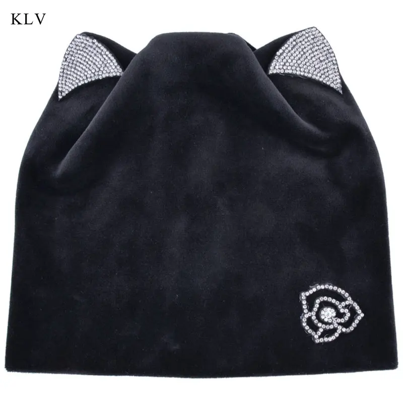 KLV New Womens Autumn Winter Flower Sweet Cat Ear Head Hat Velvet Warm Skullies Cap With Shiny Rhinestone Cute Sheathing Bonnet