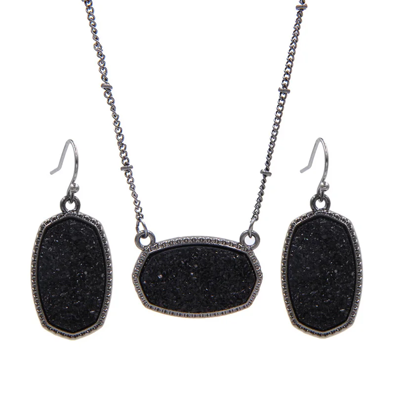 Black YJX черный Мини переливающийся Drusy Druzy Овальный кулон ожерелья с Висячие серьги ювелирный набор блеск бутик - Окраска металла: Black