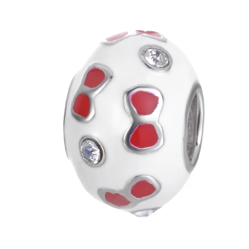 

925 Sterling Silver Bow Pattern Bead Charm For Bracelets And Necklace Simple White Enamel Round Bead DIY Charms For Women Gift