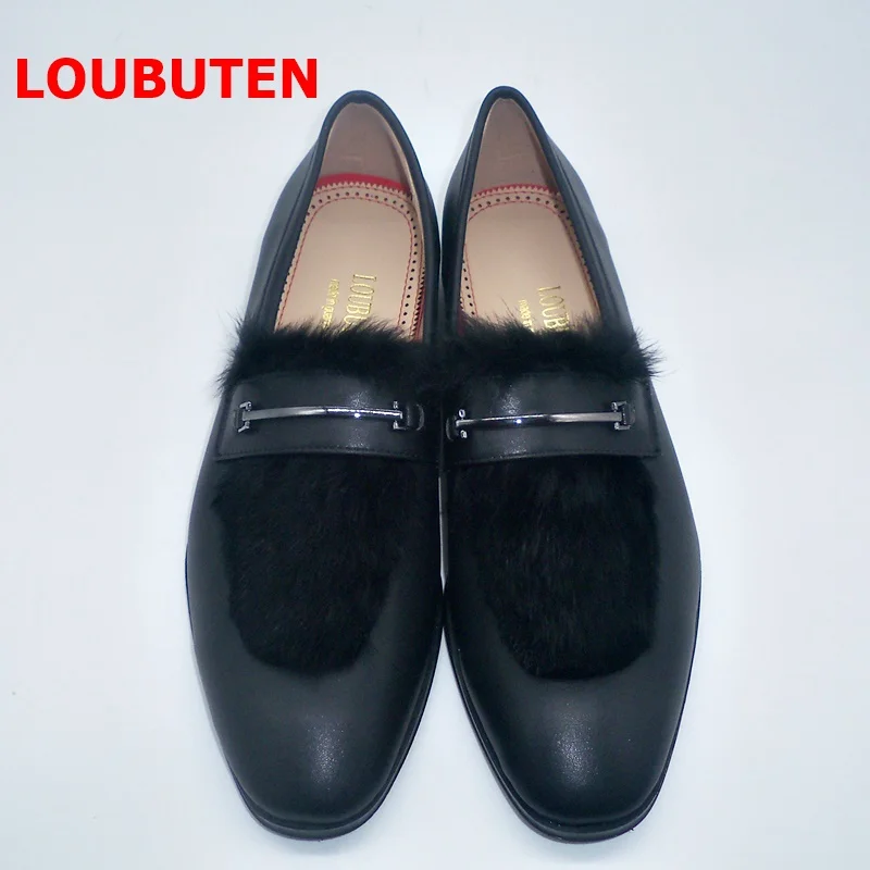 LOUBUTEN Новое поступление черные кожаные лоферы с мехом ручной работы Слипоны