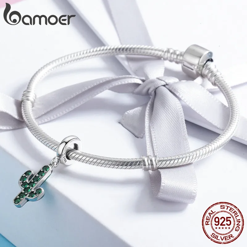 BAMOER 925 пробы Серебряный сильный кактус сверкающий зеленый CZ Подвеска Шарм подходит для женщин браслет DIY Ювелирные изделия SCC515