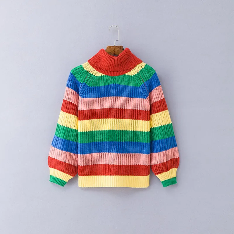 JOYDU pull femme 2018 новый модный Радужный полосатый водолазка оверсайз зимний свитер