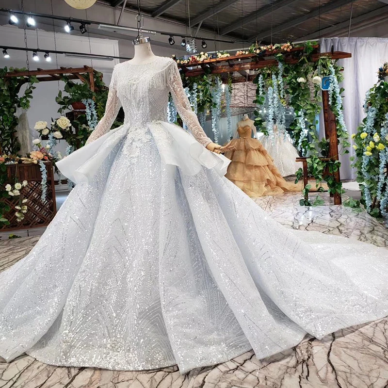 HTL531 роскошное свадебное платье со шлейфом круглым вырезом длинными рукавами