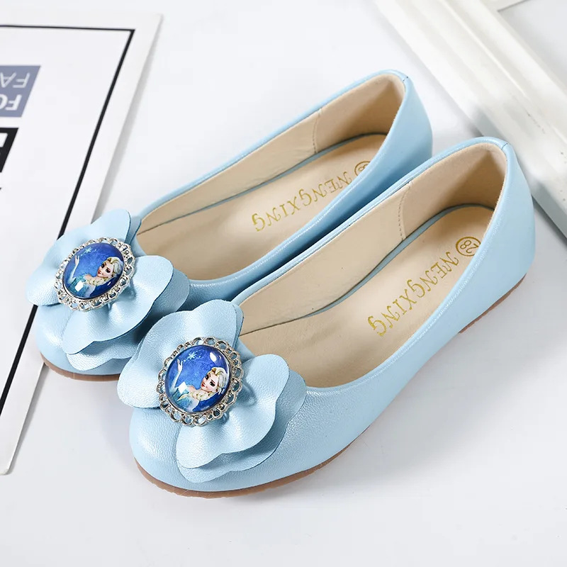sky blue shoe Новинка года; обувь Эльзы для девочек; Милая кожаная обувь на плоской подошве с бантом; модная детская обувь принцессы; детская обувь Снежной Королевы; повседневные кроссовки - Цвет: sky blue shoe