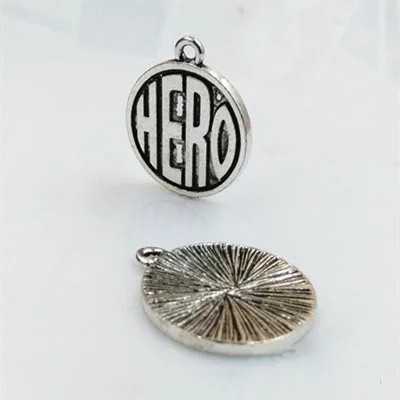 

2021 popular 20 Pieces/Lot diameter 20mm Antique Silver Plated metal round charm words Hero charm For Jewelry Making