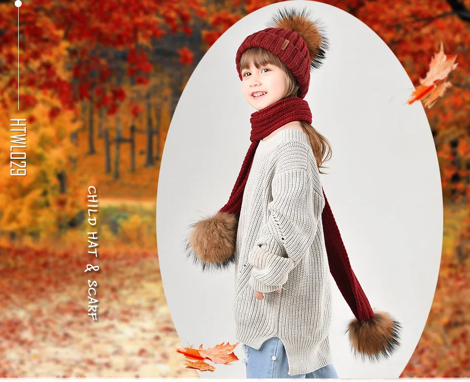 FURTALK Kids Winter Warm Chunky Thick Knit Beanie Hats and Scarves Real Fur Pompom Hat Scarf Set for Child Ages 2-10