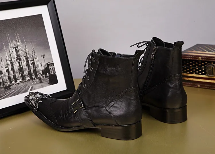 

Deification Genuine Leather Cowboy Boots Winter Black Pointed Toe Metal Tip Belts Motorcycle Boots Stylish Ankle Boots Plus Size