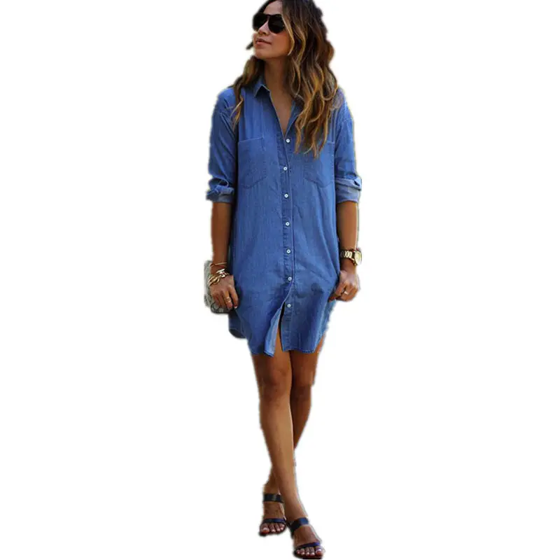 Hot Women Casual Denim Dress Pockets Elegant Cowboy Fashion Loose Feminino Lady Slim Shirt Jeans Plus Size | Женская одежда