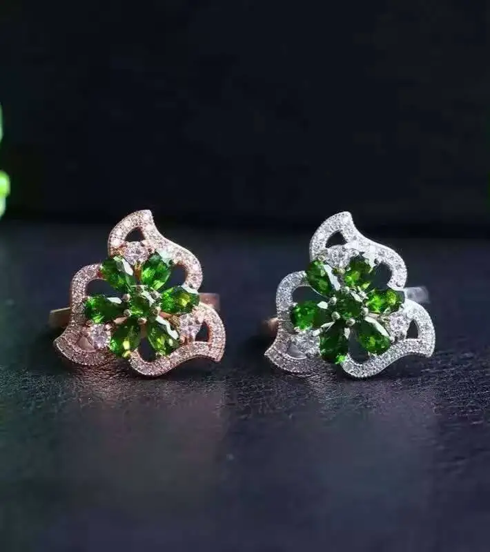 Натуральное зеленое кольцо из диопсида с драгоценным камнем натурального