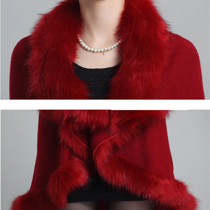

Knit Fur Poncho Coat New Women Fashion Cardigan Cloak Coat Tops Batwing Knitwear Loose Fur Collar Jackets Female Outwear QH154