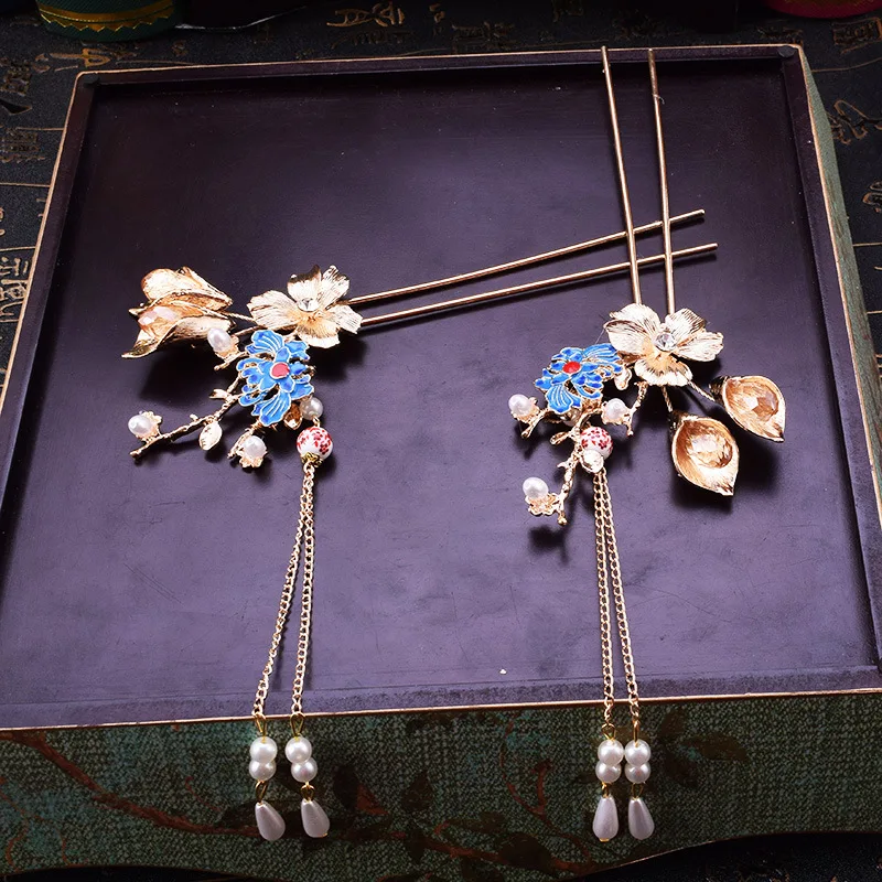 Палочки для волос в китайском стиле с жемчугом и синими цветами|Украшения волос| |