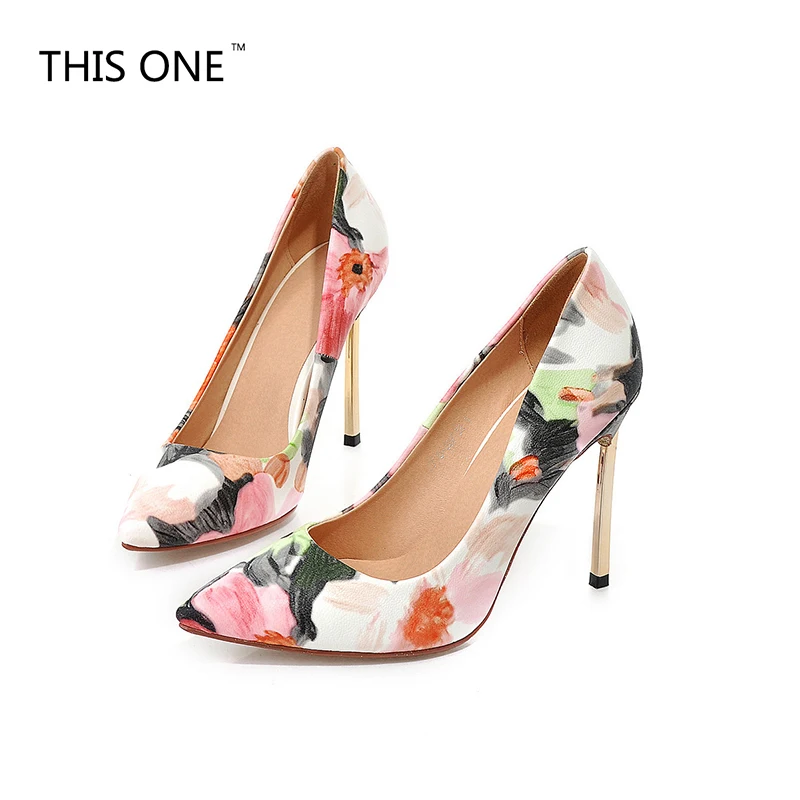 

Women Shoes Summer Spring Satin New Thin High Heels Hot Sale Printing Flowers Classic High Quality Pointed Toe Women Pumps