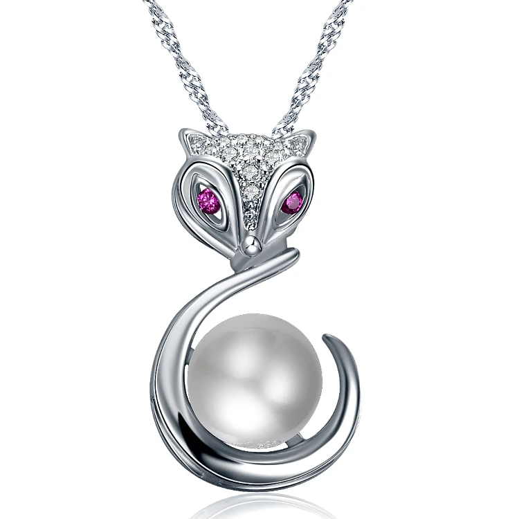 

High Quality Little Cute Fox Design Shell Pearl Platinum Plated Ladies Necklaces Jewelry Gift Female Short Chain