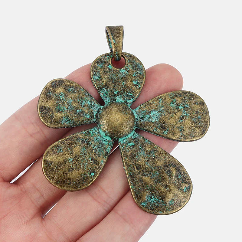 2pcs Patina Verdigris Large Abstract Flower Charms Hammered Pendant For Necklace Jewelry Making Findings Accessories 68*71mm | Украшения и