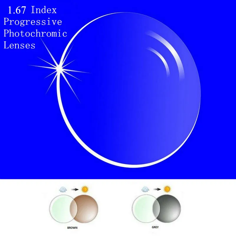 1.67 Endeksi Reçete Ilerici Fotokromik Lensler Serbest Form Çok Odaklı Lens için hat olmadan Transit Gri Kahverengi Lensler