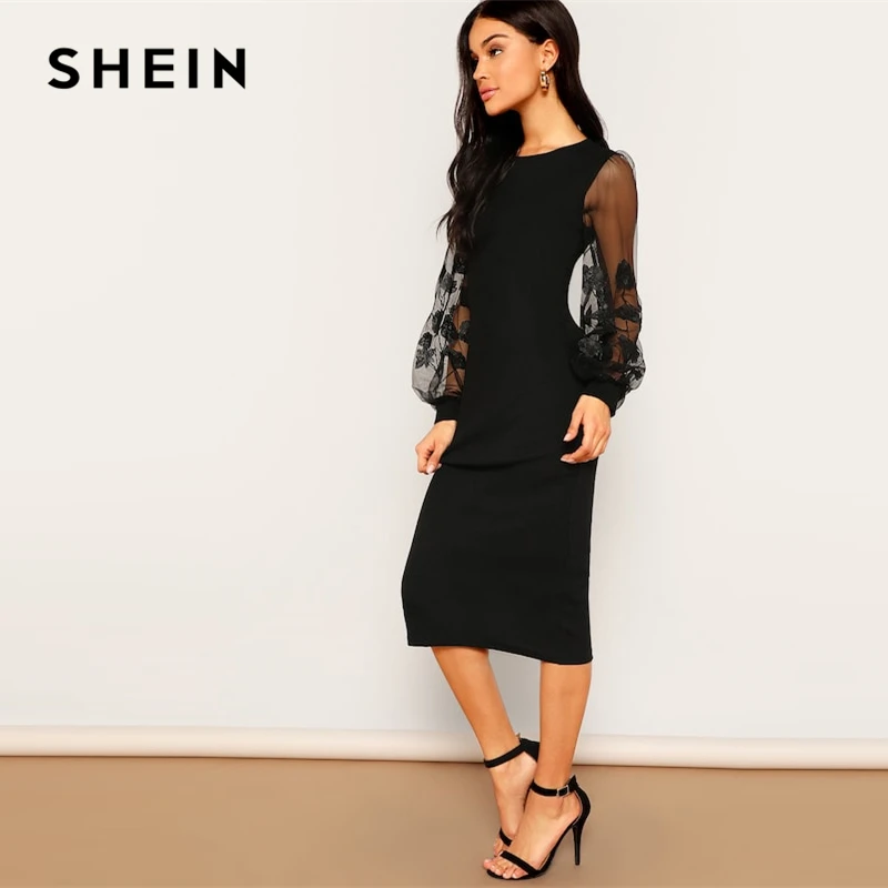 SHEIN Приталенное Платье С Оригинальным Рукавом И Сетчатой Вставкой Эластичные Женские Осенние Платья С Вышивкой