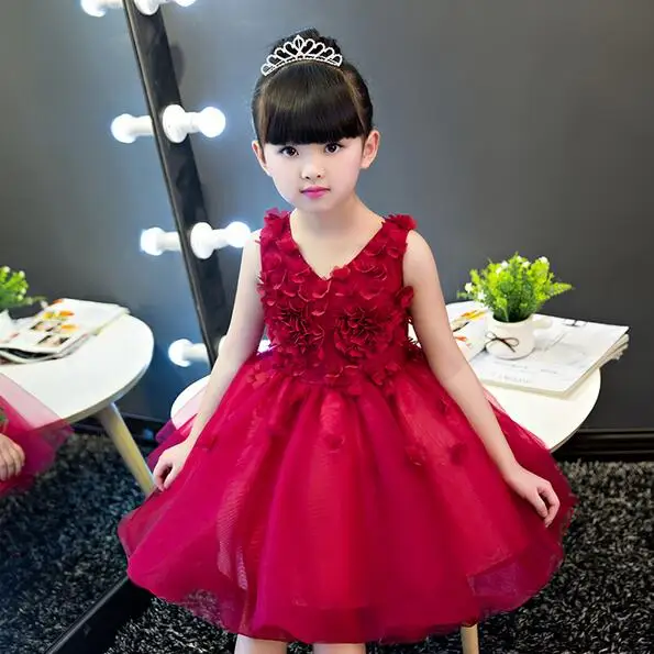 Детское платье принцессы красное летнее платье-пачка с 3D цветами и розами для