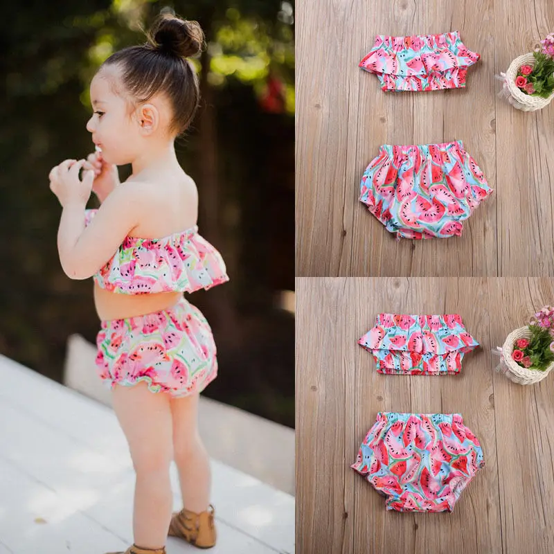 2017 детский купальный костюм из 2 предметов для маленьких девочек топы с рисунком