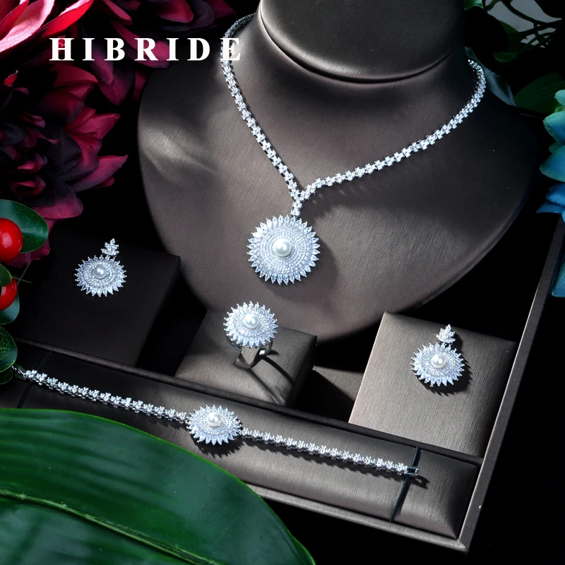 

HIBRIDE New Arrival Bridal Jewelry 4pcs Set Round Shape Bridal Set for Women Wedding Party, African Beads Jewelry Set N-103