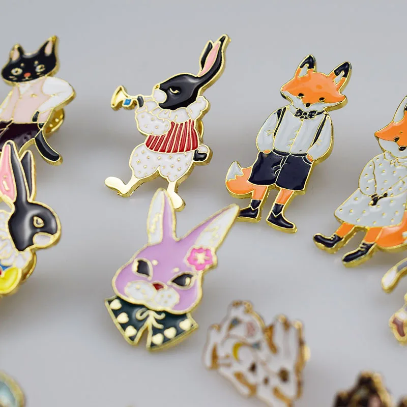 Pins and brooches Rabbit/Fox/Cat couple enamel pin Badges Hat Backpack Accessories Lovers jewelry Gift for lover | Украшения и