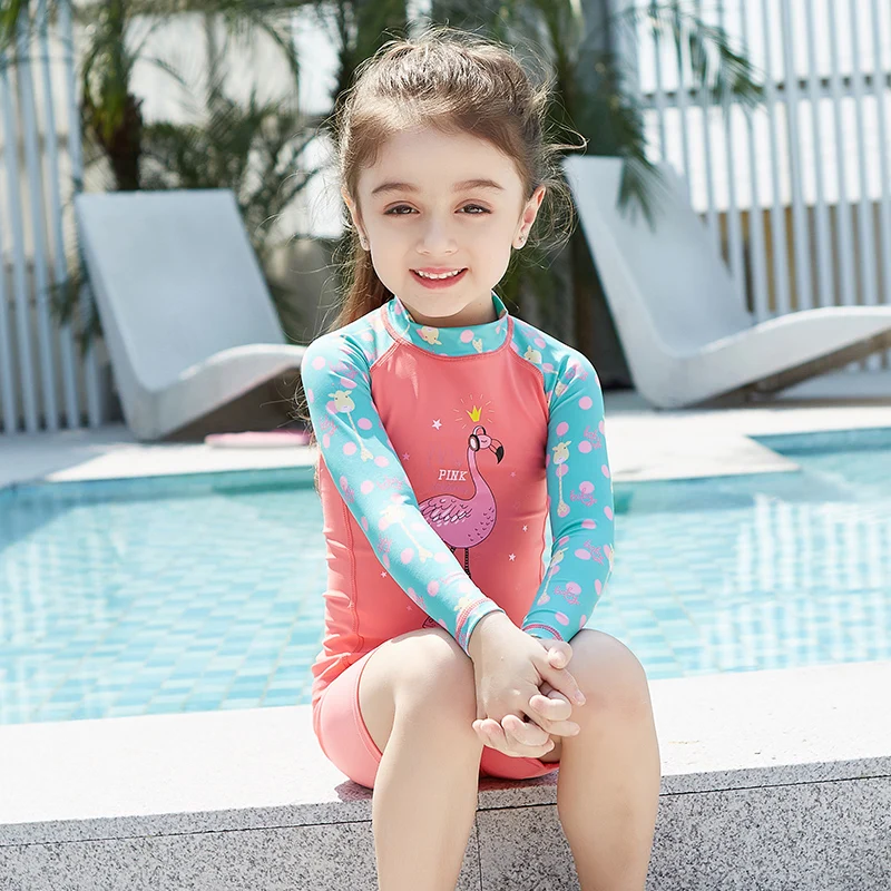 

Speefish Girls Sunscreen Wetsuit Polyester Flamingos Child Two-Piece Suits Swimwear Surfing Beach Swimming Clothing Shorts