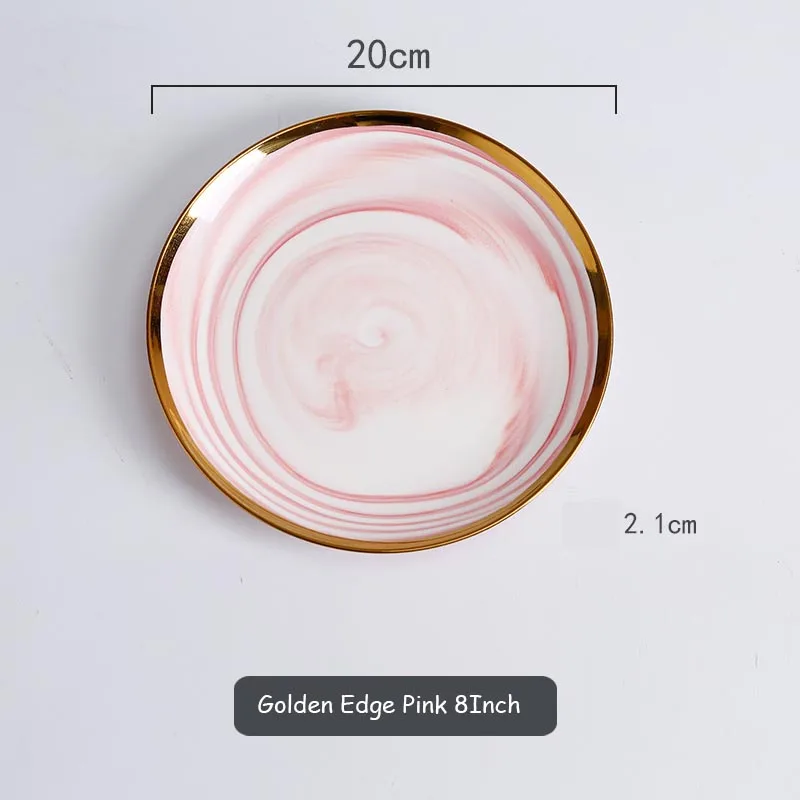 Golden Edge Pink 8 Керамическая тарелка мраморная тарелка круглые подносы для продуктов питания плоский золотой край ужин креативная тарелка для завтрака Фруктовая тарелка украшение столовые приборы 1 шт - Цвет: Golden Edge Pink 8